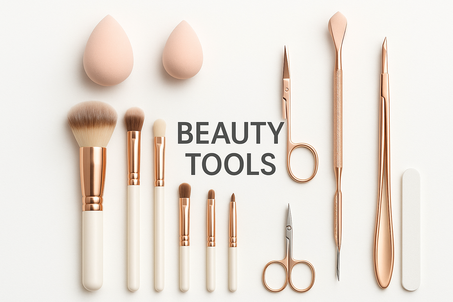 Beauty tools collection including makeup brushes, beauty blenders and skincare accessories