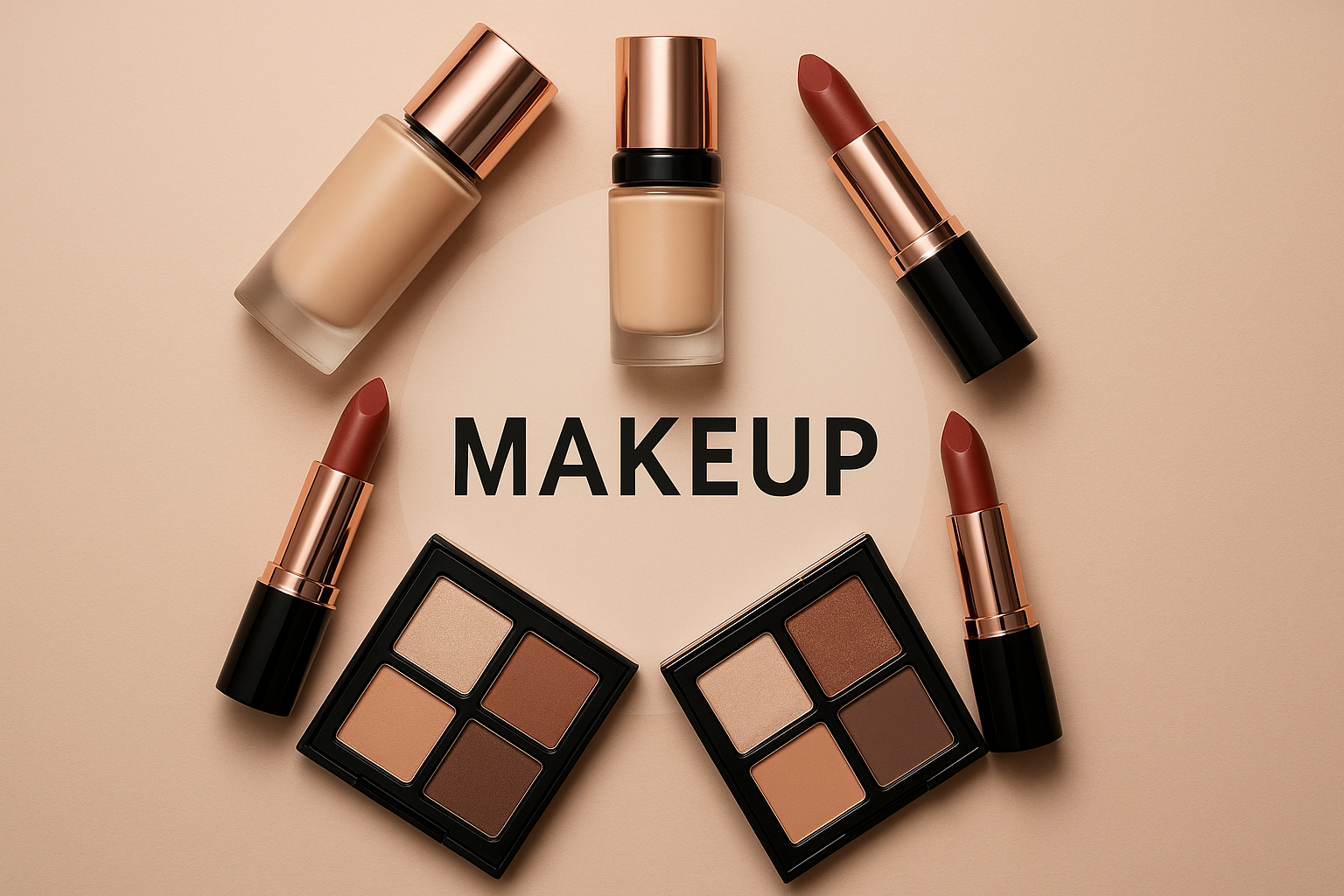 Makeup collection featuring foundation, lipstick, eyeshadow palettes and cosmetic products