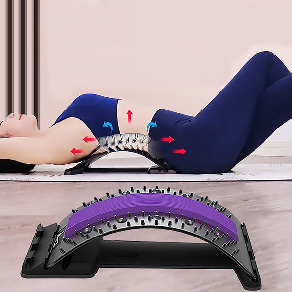 Person using a back stretcher with labeled muscles on a neutral background