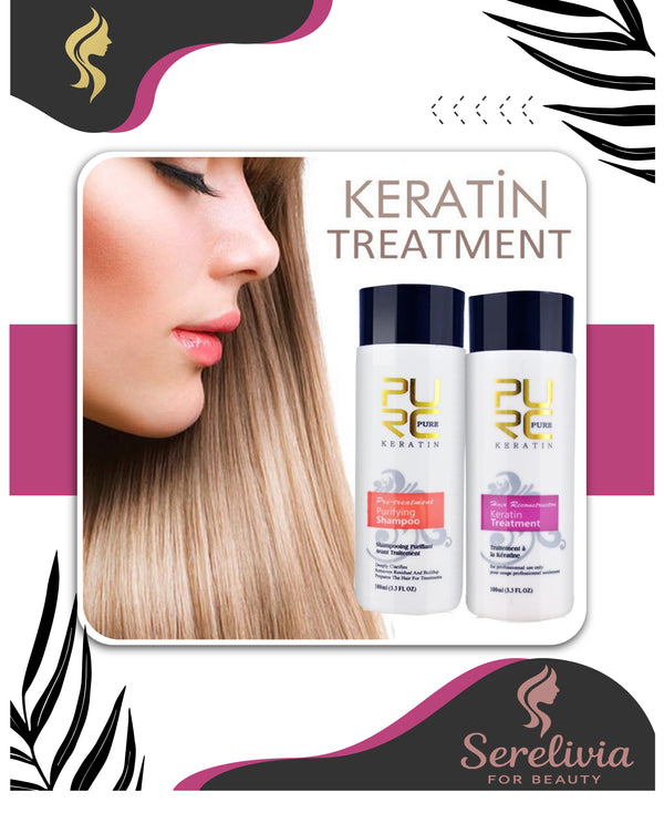 Serelivia Keratin Treatment packaging with a woman's face and two bottles on a white background.