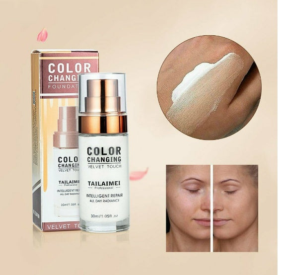 Color changing foundation bottle with packaging and application examples on a beige background
