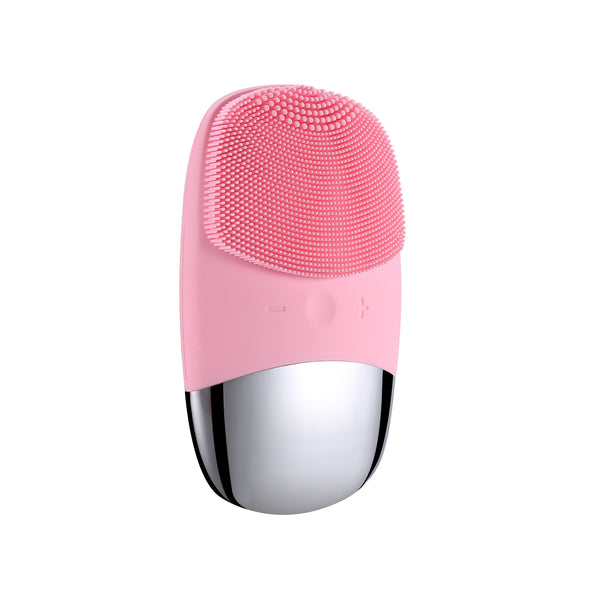 Pink and silver facial cleansing brush on a white background