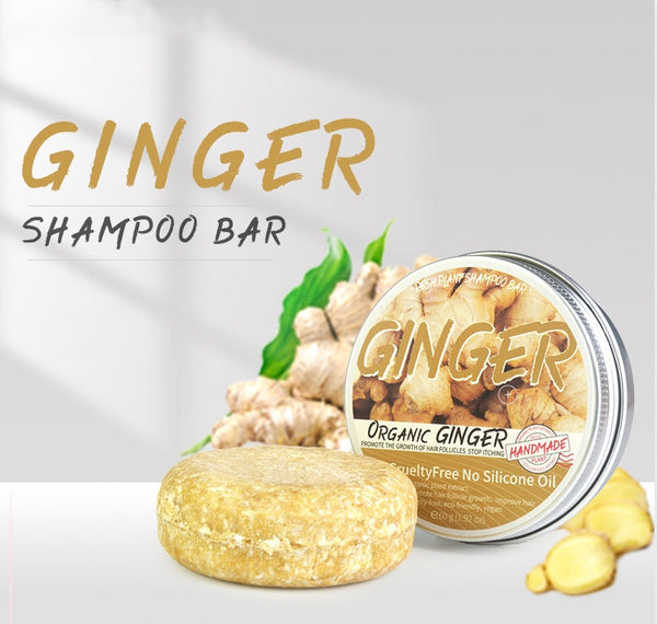 Ginger shampoo bar with packaging on a light gray background