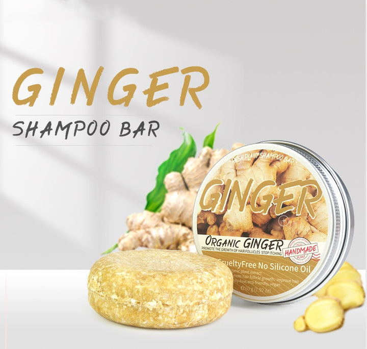 Ginger shampoo bar with packaging on a light gray background
