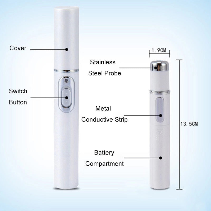 White electronic device with labeled parts and dimensions on a light blue background