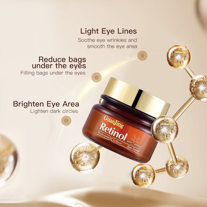Guanling Retinol eye cream jar with text on a beige background