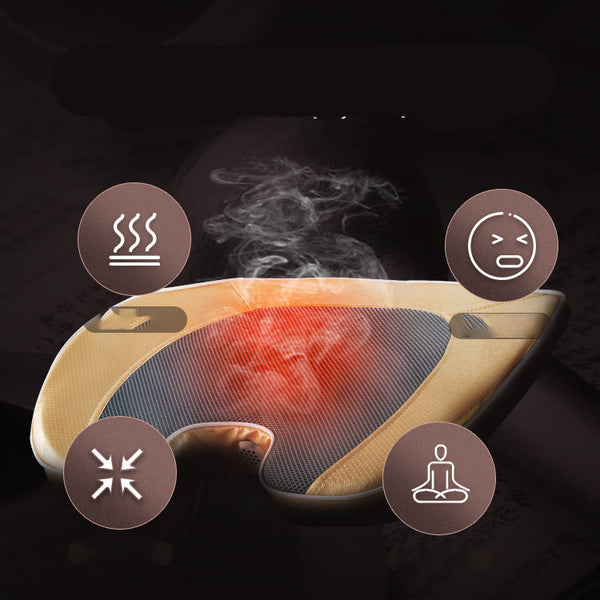 Heated stone with steam and icons indicating heat, meditation, and other functions on a dark background