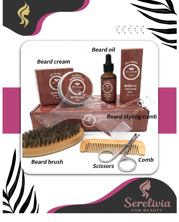 Set of beard care products including cream, oil, brush, comb, and scissors with Serelivia branding.