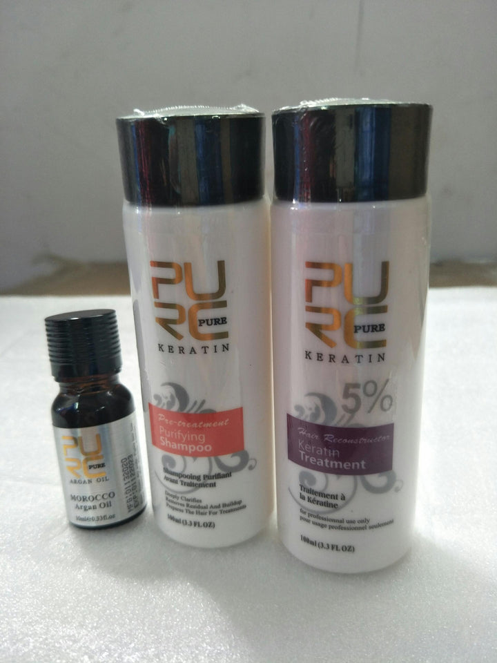 Pure Keratin hair treatment set featuring purifying shampoo and 5% keratin treatment for deep hair repair and straightening.