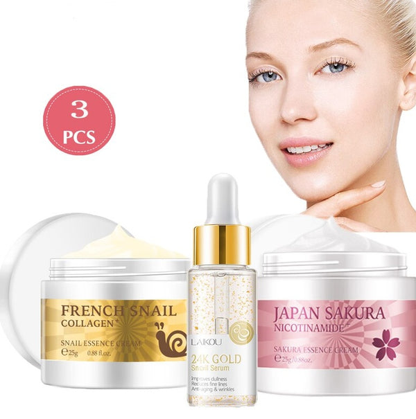 Skincare products including a jar, serum, and cream with a model's face in the background.