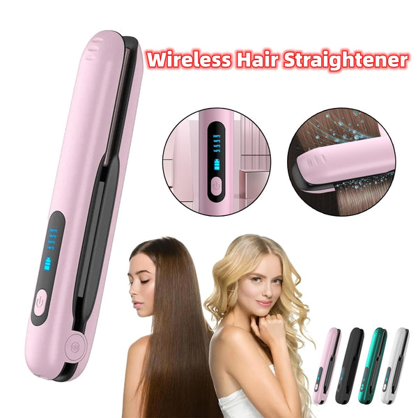 Wireless hair straightener with digital display, shown on a white background with two women displaying straight hair.