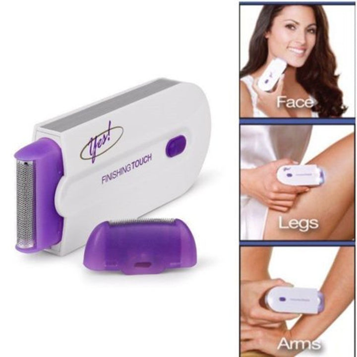 Hair removal device with attachments and usage examples on a white background