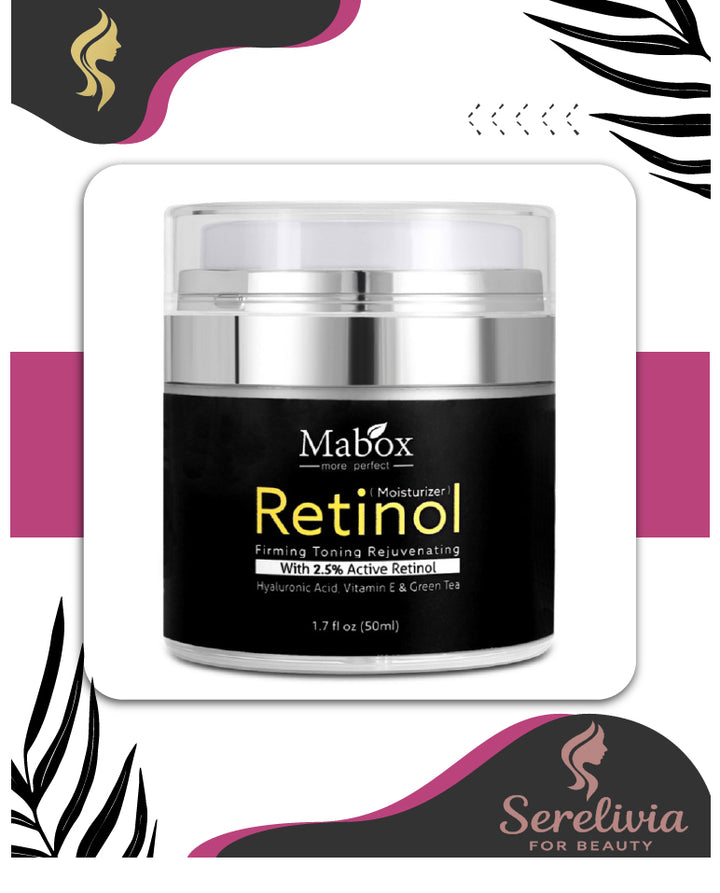 Mabox Retinol moisturizer jar with decorative elements on a white background