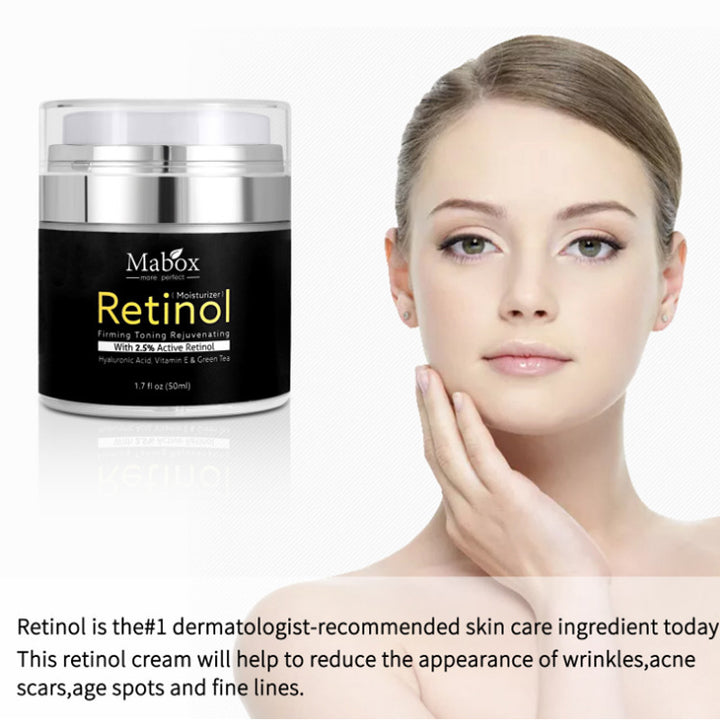 Mabox Retinol cream jar with a woman touching her face on a white background