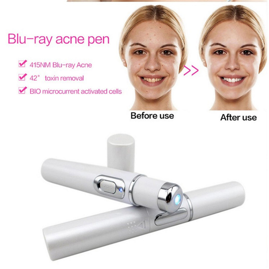Blu-ray acne pen with 'Before use' and 'After use' comparison on a white background