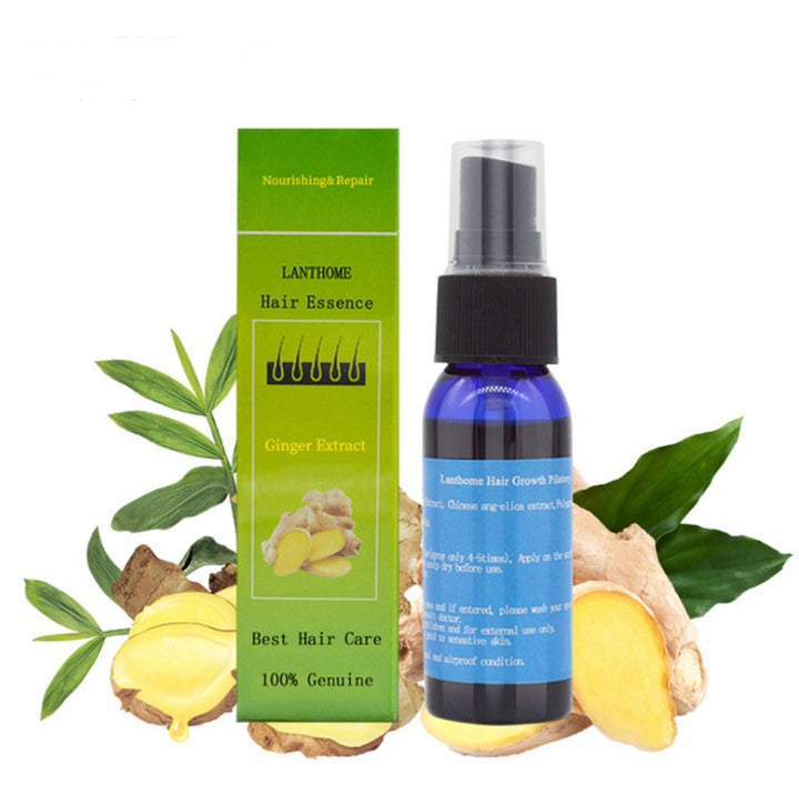 Lanthome hair essence bottle and packaging with ginger and leaves on a white background