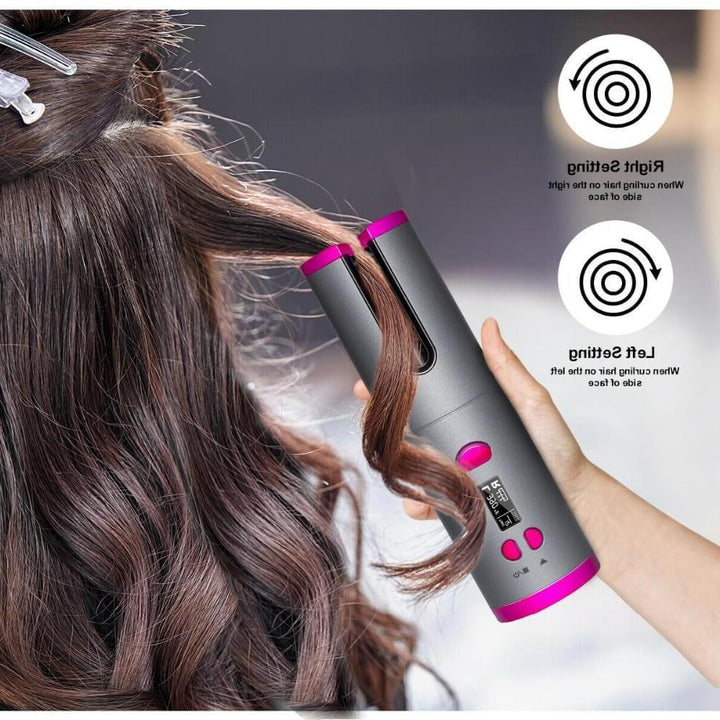 Person using a hair curling iron to style hair with instructional graphics on screen.
