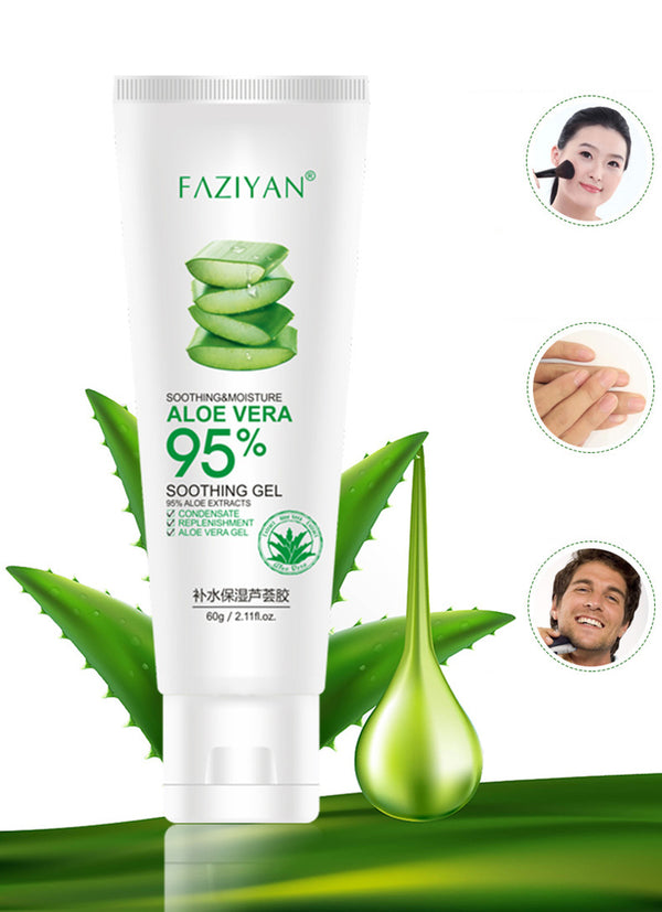 Faziyan aloe vera gel tube with images of people using the product on a green background