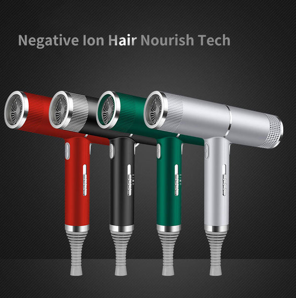 Set of four hair dryers in red, black, green, and silver on a dark background with 'Negative Ion Hair Nourish Tech' text.