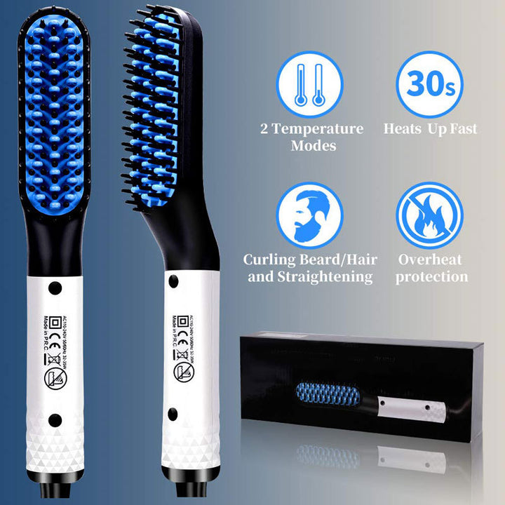 Hair straightening and curling brush with features on a gray background