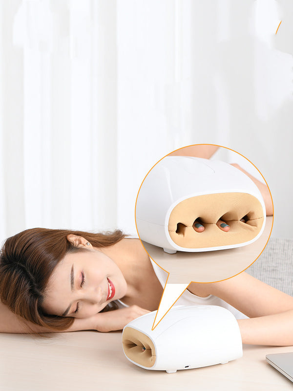 Woman using a neck and shoulder massager with a close-up detail on the product.