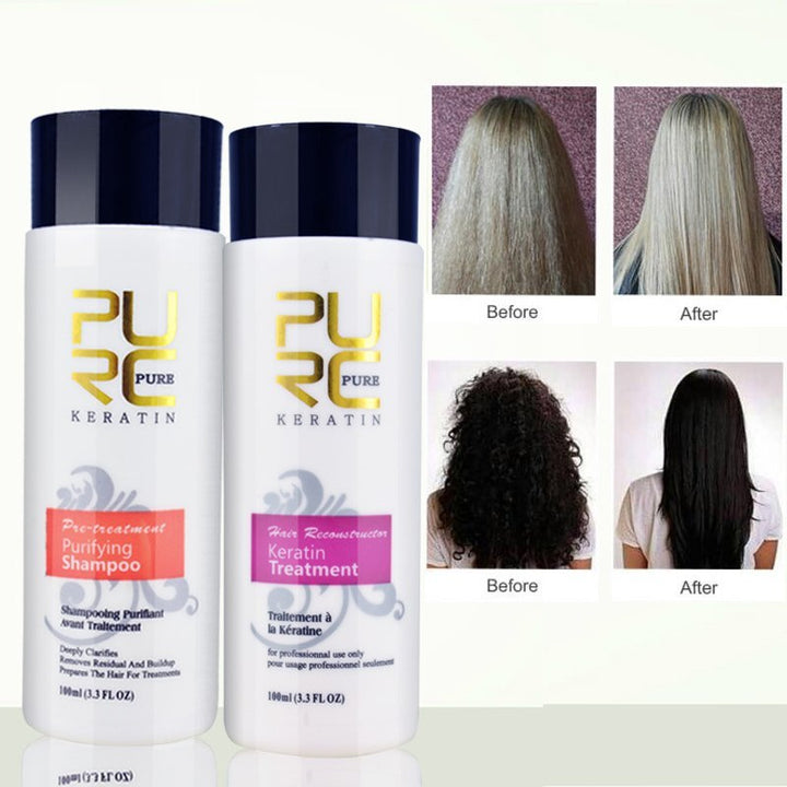 Before and after results of Pure Keratin Hair Treatment and Purifying Shampoo, showcasing sleek, straightened hair.