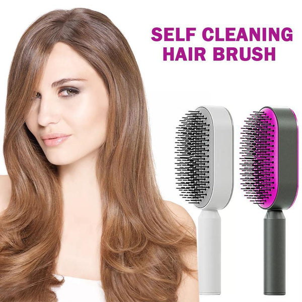 Woman with long hair next to a self cleaning hair brush with purple bristles on a white background