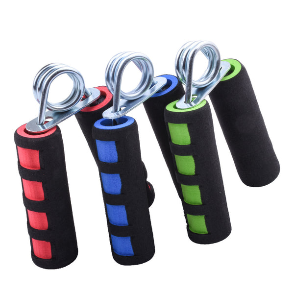 Set of four hand grip exercisers with colorful foam handles on a white background