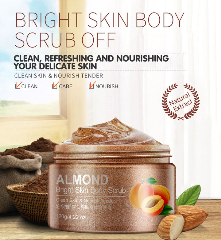 Almond bright skin body scrub with ingredients and benefits on a light background