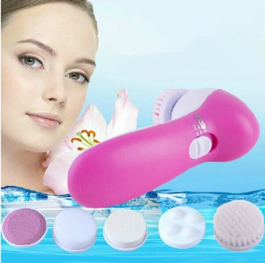 Woman using a pink handheld device with cleaning balls on a blue background