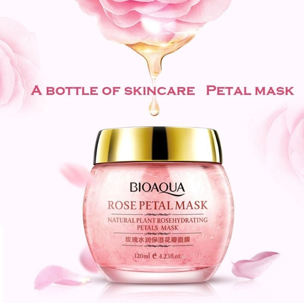 Bioaqua Rose Petal Mask with pink petals and droplets on a white background