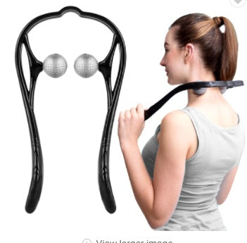 Person using a black neck and shoulder massager on a white background
