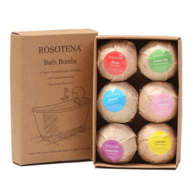 6 pcs ROSOTENA Bath Bombs in eco-friendly packaging featuring rose, green tea, ocean, lemon, lavender, and floral scents.