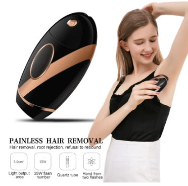 Painless hair removal device with a woman using it on her arm, on a white background.
