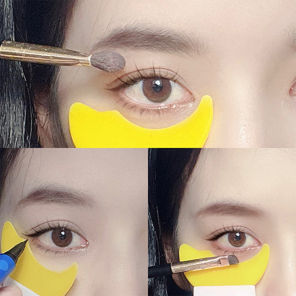 Makeup tutorial showing the use of a yellow eye mask and brush on a person's eye.