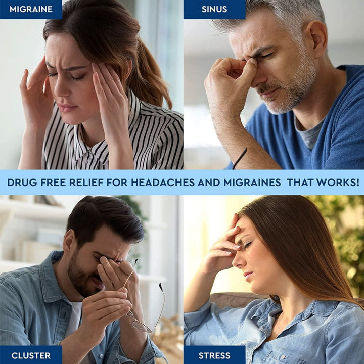 Four people experiencing different types of headaches with text indicating drug-free relief solutions.
