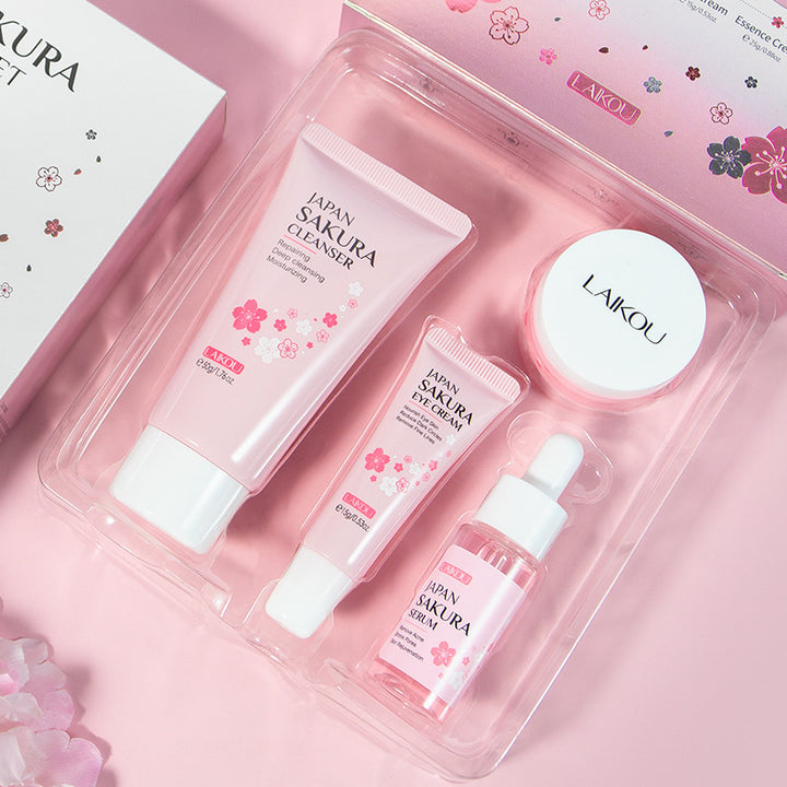 Skincare product set with 'Japan Sakura' branding on a pink background