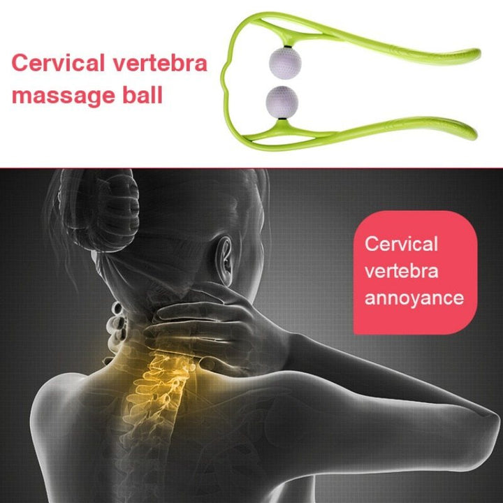 Cervical vertebra massage ball with a person experiencing neck discomfort and highlighted cervical vertebra.