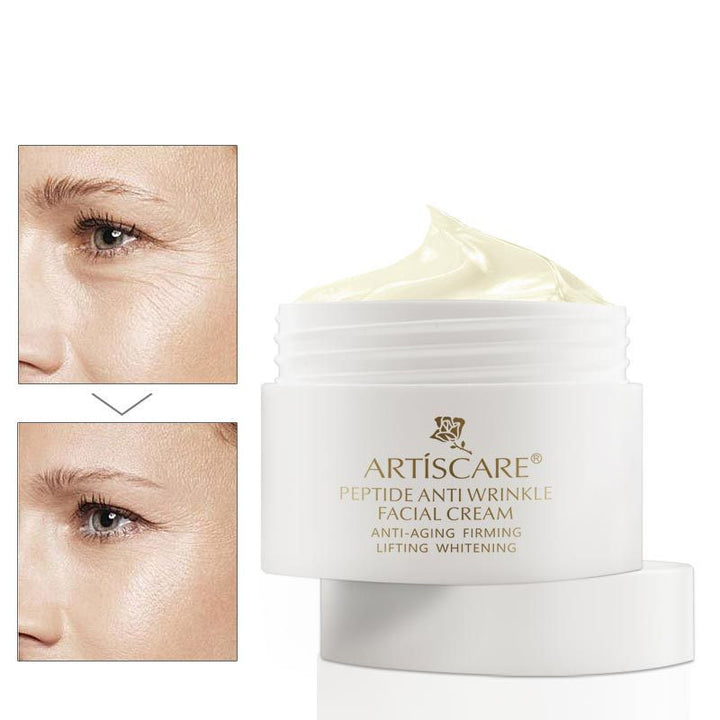 Artáscare Peptide Anti-Wrinkle Facial Cream jar with before and after effects on skin.