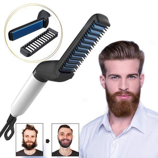 Hairbrush with attachments and a man with a beard before and after use.
