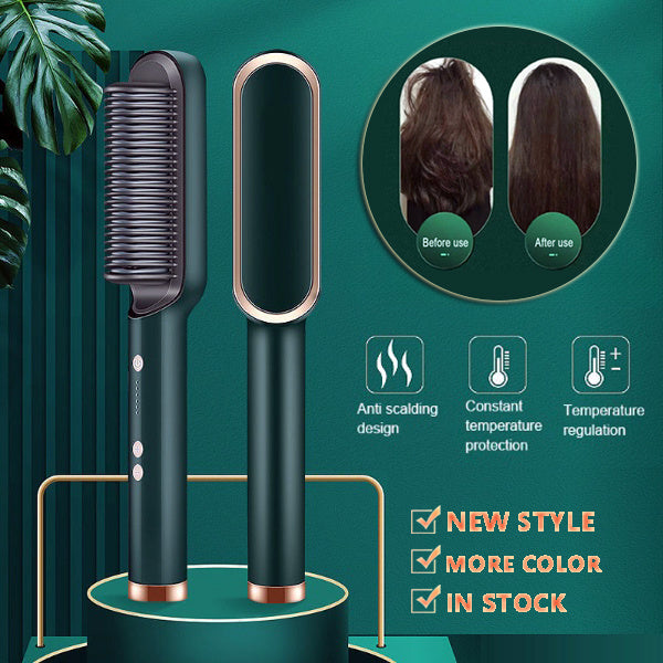 Hair styling tool with bristle brush and cylindrical design on a green background