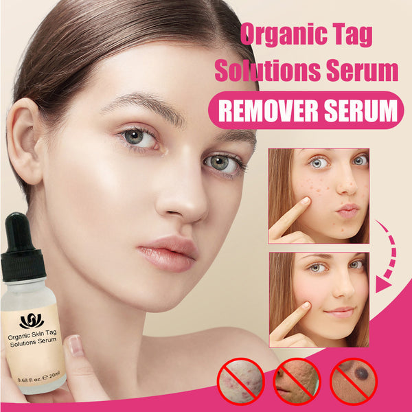 Advertisement for Organic Tag Solutions Serum remover serum with a woman's face and product bottle.