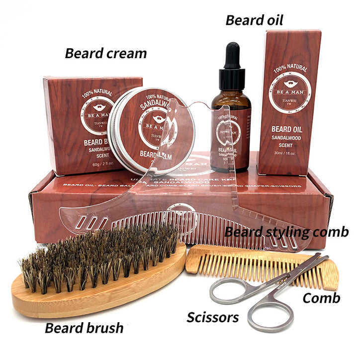 Beard care product set with beard cream, oil, brush, comb, and scissors on a white background.