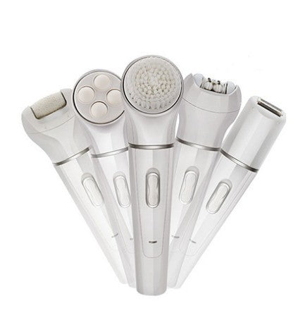 Set of white electronic devices with various attachments on a white background