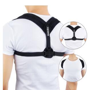 Person wearing a black posture corrector with inset images showing different angles.