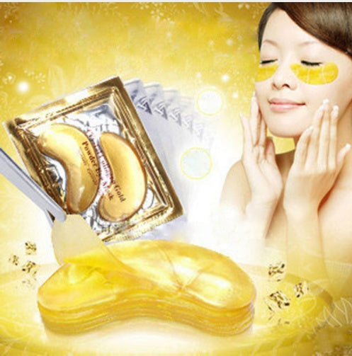 Gold eye patches with packaging and a woman wearing them against a yellow background