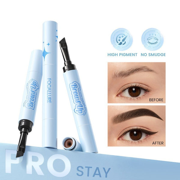 Eyebrow pen with before and after comparison on a white background
