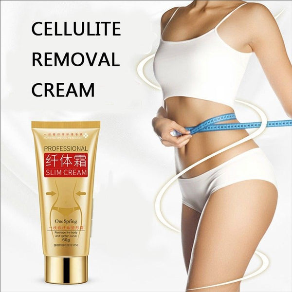 Cellulite removal cream with a woman measuring her waist on a white background