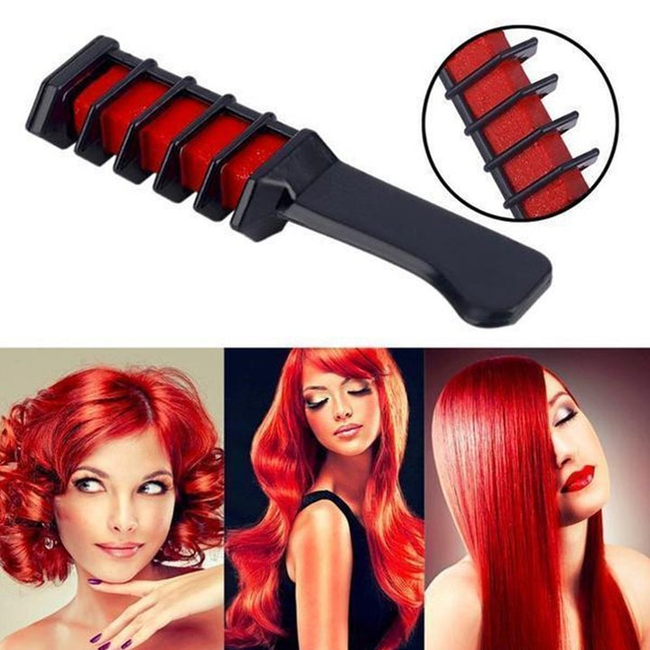Hair colorator brush with close-up and before/after images of red hair.