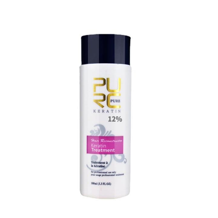 Pure Keratin 12% hair reconstruction treatment bottle for deep hair repair and straightening.
